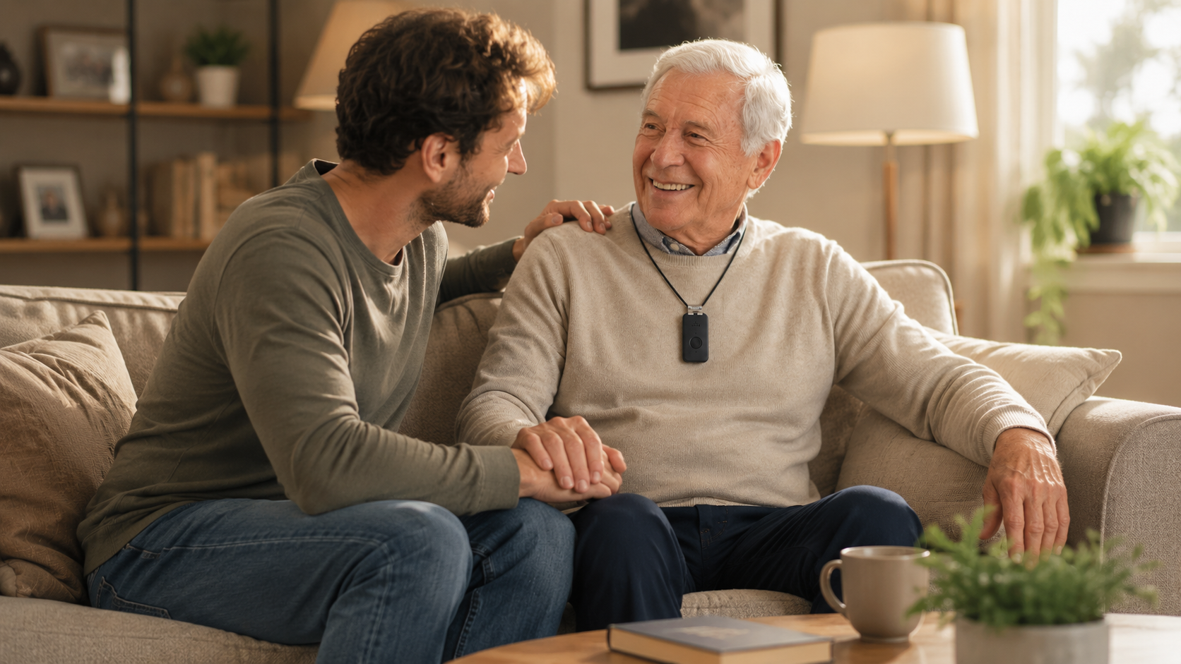 An adult son sitting close to his father, who wears a Medical Life Club alert pendant