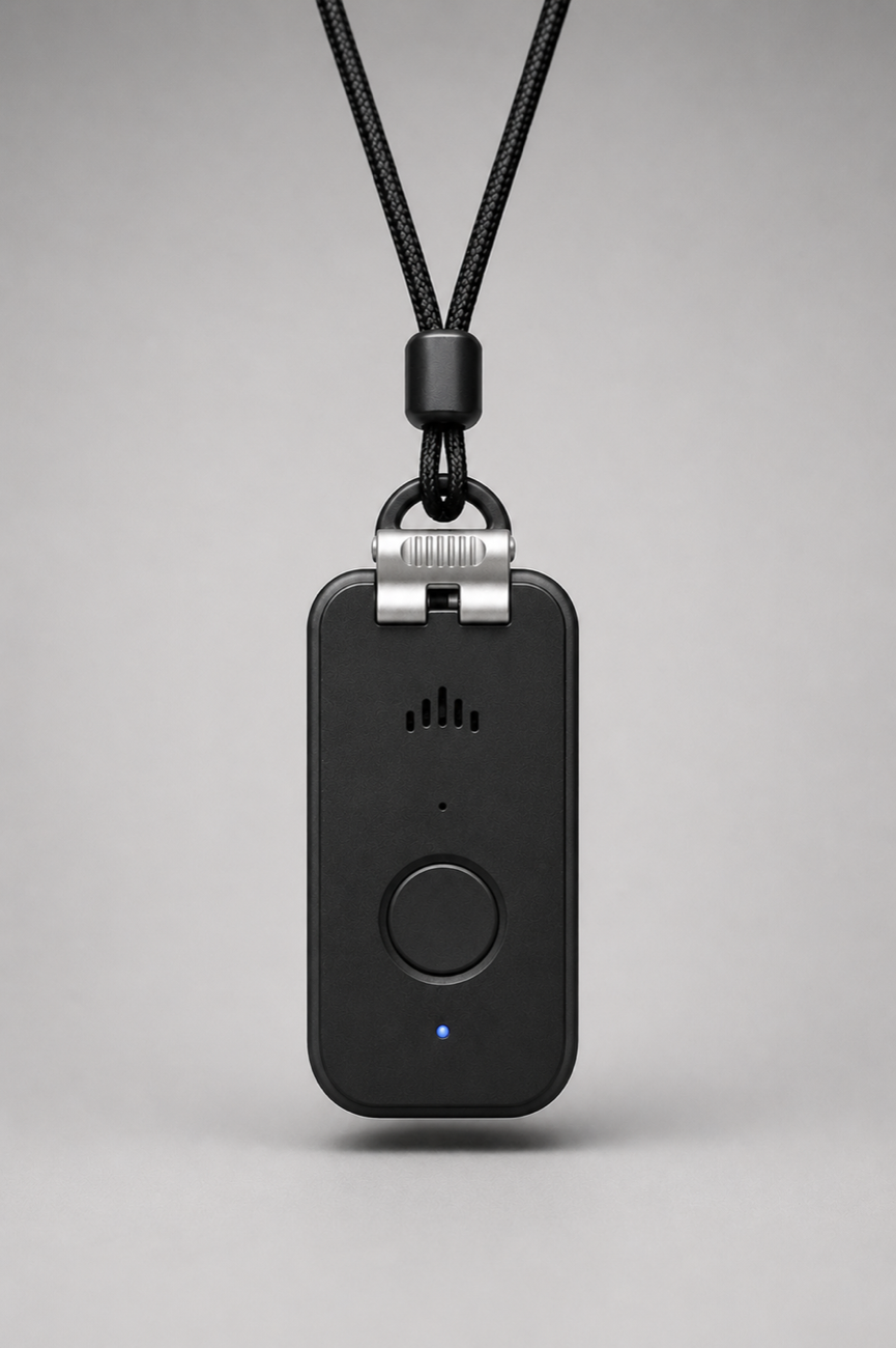 A DDD Medical Alert Pendant worn on its neck lanyard