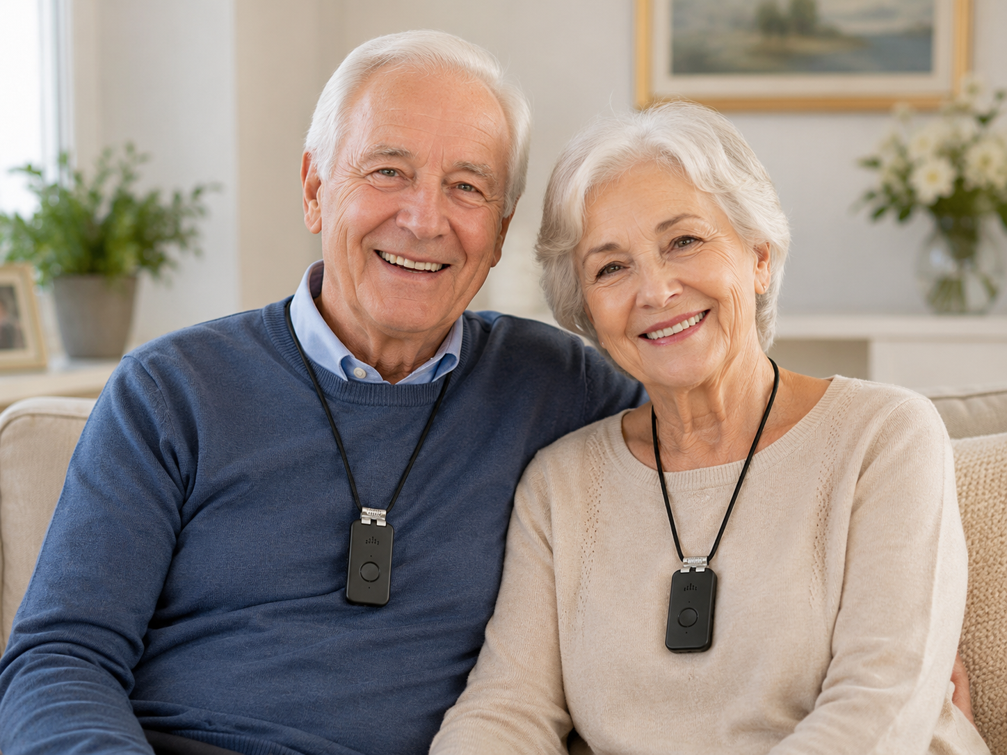 An older couple wearing Medical Life Club alert devices
