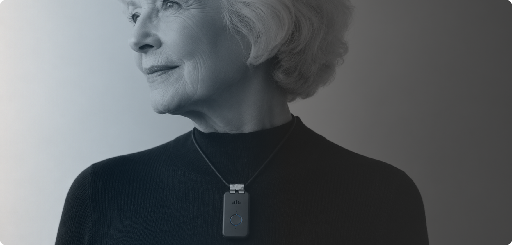 A senior wearing a Medical Life Club alert pendant