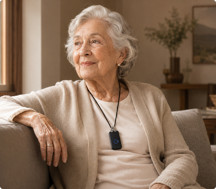 A senior woman relaxing at home while wearing her Medical Life Club pendant