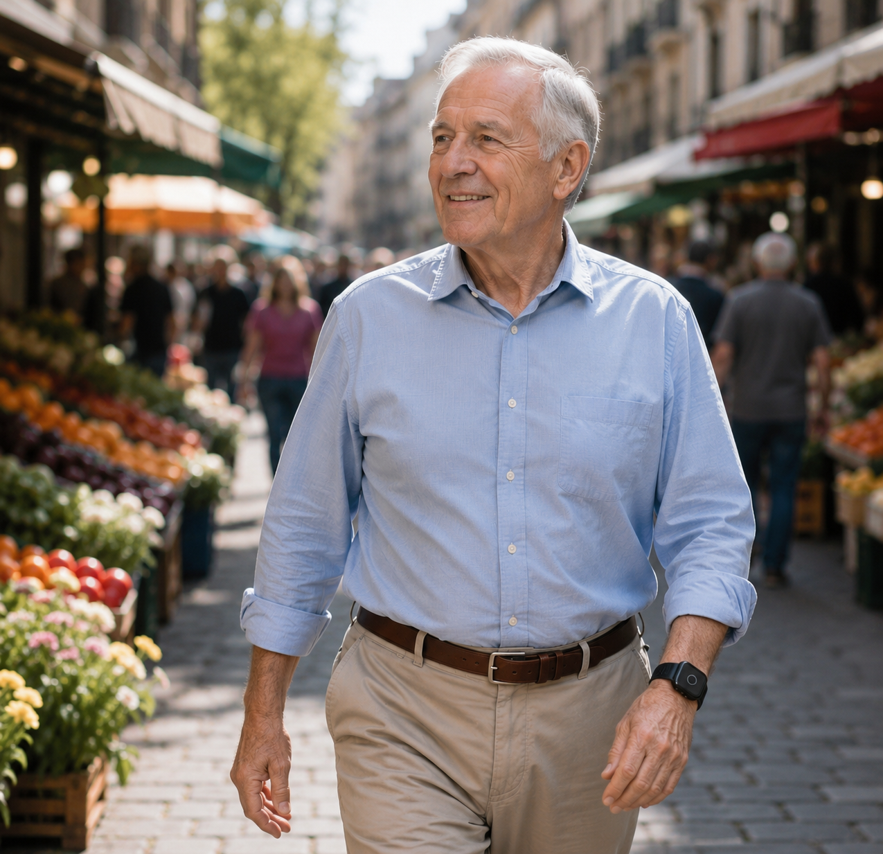 An older man walking through an outdoor market wearing his TIME Medical Alert Wristband