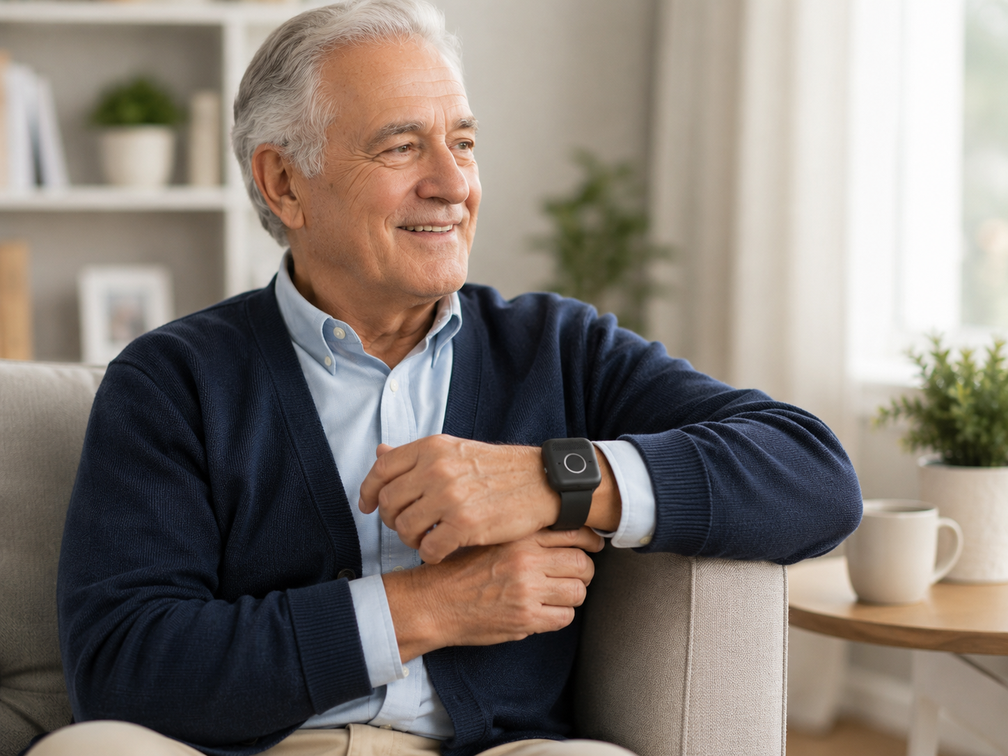 An older man relaxing on his sofa at home, glancing at the TIME Medical Alert Wristband on his wrist